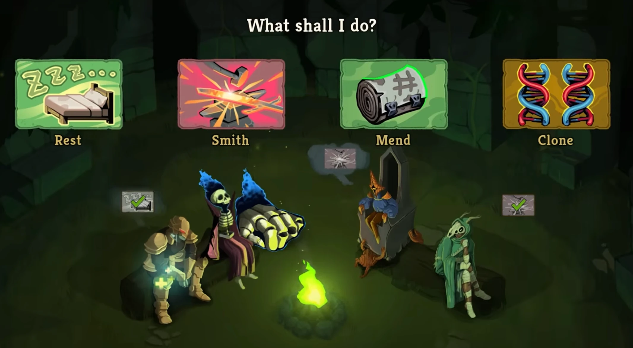 Co-op campfire — four characters resting together, each making independent choices